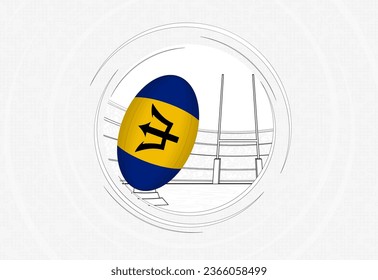 Barbados flag on rugby ball, lined circle rugby icon with ball in a crowded stadium. Vector sport emblem on abstract background.