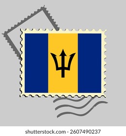 Barbados flag postage stamp. Isolated vector illustration on grey post stamp background