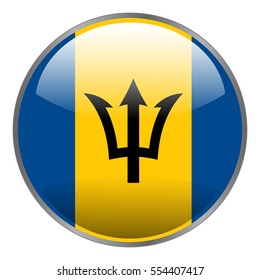 Barbados flag. Round glossy isolated vector icon with national flag of Barbados on white background. Round glow glass button.
