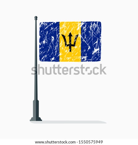 Barbados flag with scratches, vector flag of Barbados on flagpole with shadow.