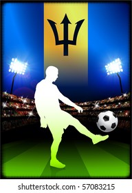 Barbados Flag with Soccer Player on Stadium Background Original Illustration