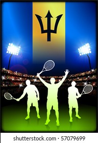 Barbados Flag with Tennis Player on Stadium Background Original Illustration