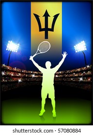 Barbados Flag with Tennis Player on Stadium Background Original Illustration