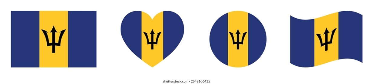 Barbados flags set in square, heart, circle and waving formats designs element. Barbados flags collection. Set of Barbados flags icons isolated on white background. Vector illustration.