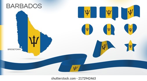 Barbados flags set. Various designs. Map and capital city. World flags. Vector set. Circle icon. Template for independence day. Collection of national symbols. Ribbon flag. North America