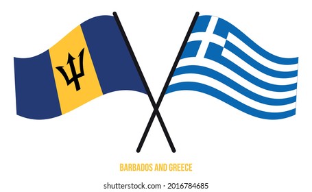 Banderas de Barbados y Grecia cruzadas y ondeadas de estilo plano. Proporción oficial. Colores correctos.