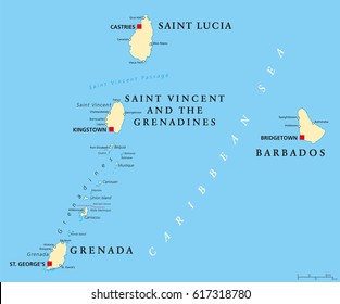Barbados, Grenada, Saint Lucia, Saint Vincent and the Grenadines political map. Island countries in the Caribbean, part of Lesser Antilles and Windward Islands. Illustration. English labeling. Vector.
