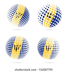 Barbados halftone flag set patriotic vector design. 3D halftone sphere in Barbados national flag colors isolated on white background.