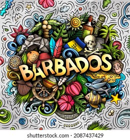 Barbados hand drawn cartoon doodle illustration. Funny barbadian design. Creative vector background. Handwritten text with North American Country elements and objects. Colorful composition