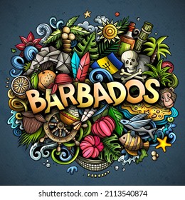 Barbados hand drawn cartoon doodle illustration. Funny barbadian design. Creative vector background. Handwritten text with North American Country elements and objects. Colorful composition