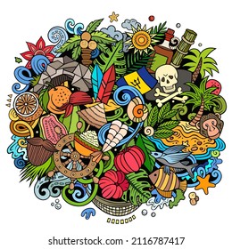 Barbados hand drawn cartoon doodle illustration. Funny barbadian design. Creative vector background with North American Country elements and objects. Colorful composition