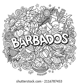 Barbados hand drawn cartoon doodle illustration. Funny barbadian design. Creative vector background. Handwritten text with North American Country elements and objects.