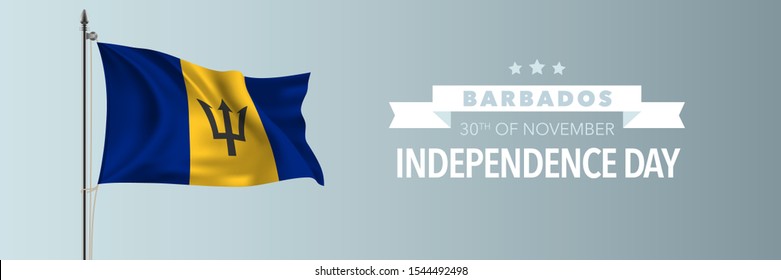 Barbados happy independence day greeting card, banner vector illustration. Barbadosian national holiday 30th of November design element with waving flag on flagpole 