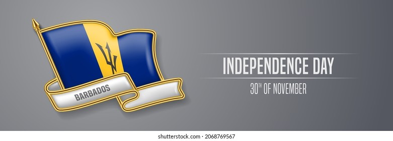 Barbados happy independence day greeting card, banner vector illustration. Barbadian national holiday 30th of November design element with 3D pin with flag