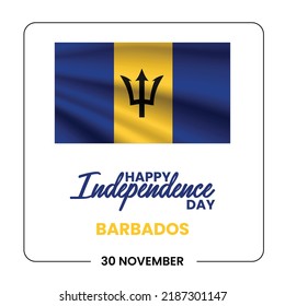 Barbados happy independence day greeting card, banner vector illustration. Barbadian national holiday 30th of November design element with 3D waving flag on flagpole
