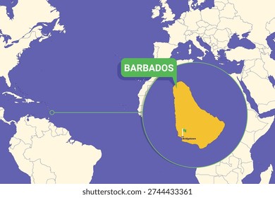 Barbados highlighted on Caribbean map with Bridgetown capital marked