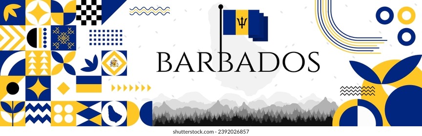 Barbados Independence Day banner with name and map. Flag color themed Geometric abstract retro modern Design. Blue, yellow and black color vector illustration template graphic design.