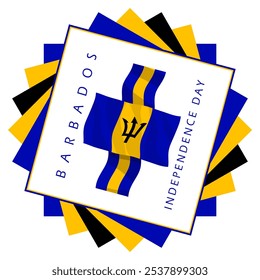 Día de la Independencia de Barbados para celebrar el 30 de noviembre. Bandera de Barbados volando con cintas en marco sobre fondo blanco. Feliz Día de la Independencia.