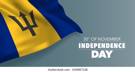 Barbados independence day greeting card, banner with template text vector illustration. Barbadosian memorial holiday 30th of November design element with flag with trident 