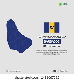 Barbados Independence Day Social Media Banner, Editable Vector Design with Map and Flag