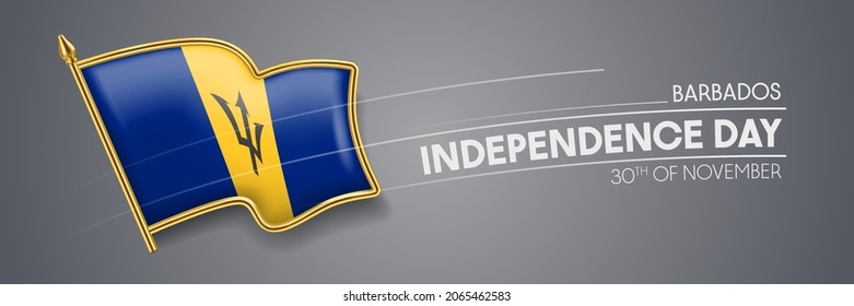 Barbados independence day vector banner, greeting card. Barbadian wavy flag in 30th of November patriotic holiday horizontal design with realistic badge