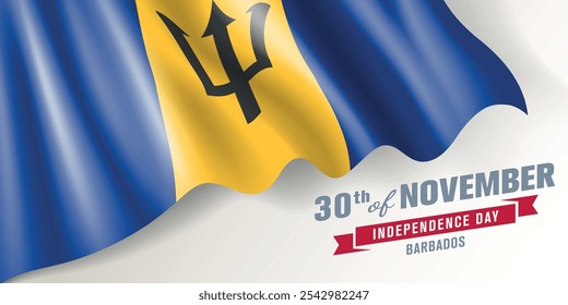 Barbados independence day vector banner, greeting card. Barbadian wavy flag in 30th of November national patriotic holiday horizontal design