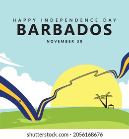 Barbados independence day vector illustration with a long flag within the green beach scenery background. Caribbean country public holiday.