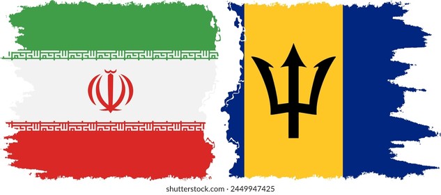 Barbados and Iran grunge flags connection, vector