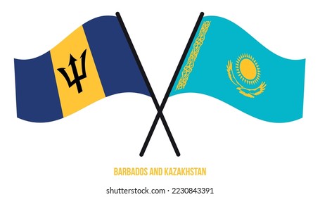Barbados and Kazakhstan Flags Crossed And Waving Flat Style. Official Proportion. Correct Colors.