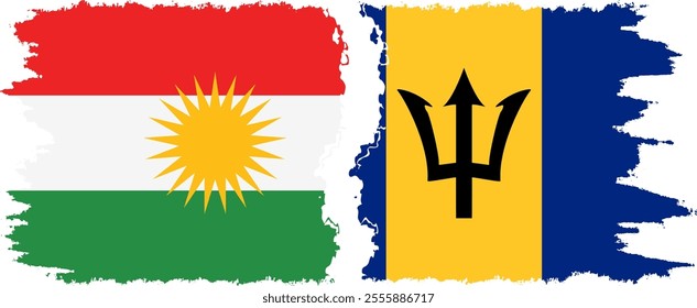 Barbados and  Kurdistan grunge flags connection, vector