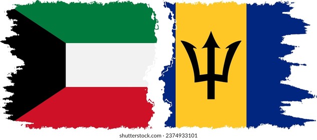 Barbados and Kuwait grunge flags connection, vector