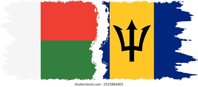 Barbados and Madagascar grunge flags connection, vector