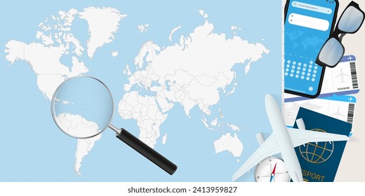 Barbados is magnified over a World Map, illustration with airplane, passport, boarding pass, compass and eyeglasses. Vector illustration.