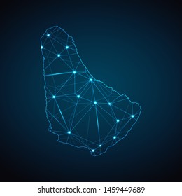 Barbados Map - Abstract geometric mesh polygonal network line, structure and point scales on dark background with lights in the form of cities. Vector illustration eps 10.
