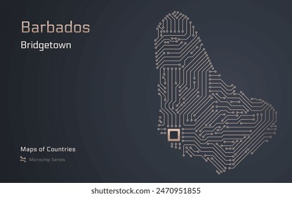 Barbados Map with a capital of Bridgetown Shown in a Microchip Pattern with processor. E-government. World Countries vector maps. Microchip Series	
