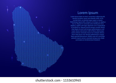 Barbados map country abstract silhouette from wavy blue space sinusoid lines and glowing stars. Contour state of creative luminescence curve. Vector illustration.