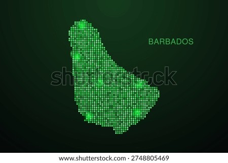 Barbados Map - Digital dotted map with glowing green points on dark background, modern technology style, abstract data network design, clean minimal geometric vector illustration.