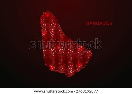Barbados Map - Digital dotted map with glowing red points on dark background, modern technology style, abstract data network design, clean minimal vector illustration.