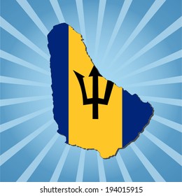Barbados map flag on blue sunburst vector illustration