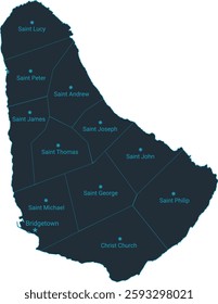 Barbados map high detailed with administrative divide by state, capital cities names, outline simplicity style. Vector illustration EPS10.