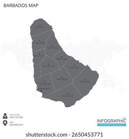 Barbados map high detailed with regions and cities of the country on white background. Vector illustration EPS10.