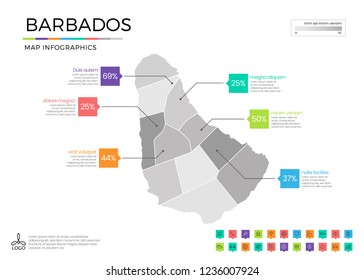 Barbados map infographics with editable separated layers, zones, elements and district area in vector