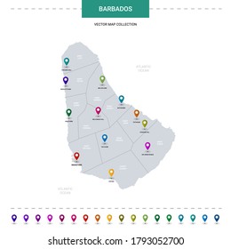 Barbados map with location pointer marks. Infographic vector template, isolated on white background. 