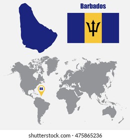 Barbados map on a world map with flag and map pointer. Vector illustration
