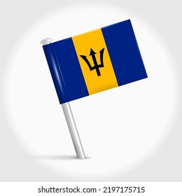 Icono de indicador de pin de Barbados. Marcador de mapa de inclinación barbadense sobre una aguja de metal. Ilustración vectorial 3D realista.