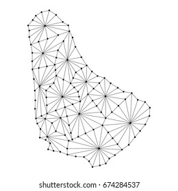 Barbados map of polygonal mosaic lines network, rays and dots vector illustration.
