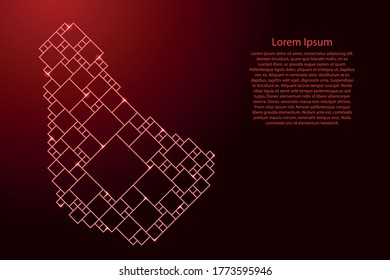 Barbados map from red pattern from a grid of squares of different sizes and glowing space stars. Vector illustration.