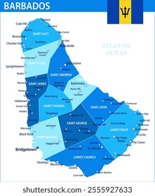 Barbados Map Vector Blue Spot - Customizable layered political map of Barbados with administrative divisions for website, education, reports, news, politics, print, poster and wallpaper