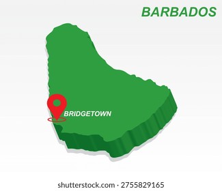 Barbados Map Vector, Bridgetown Capital City Marker on Green 3D Country Shape, Barbados Infographic Design, Editable Destination Pointer Barbados Geography