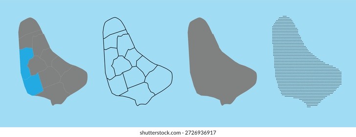 Barbados Mapa Colección de Vector - Regiones administrativas, contorno, silueta y estilos punteados
